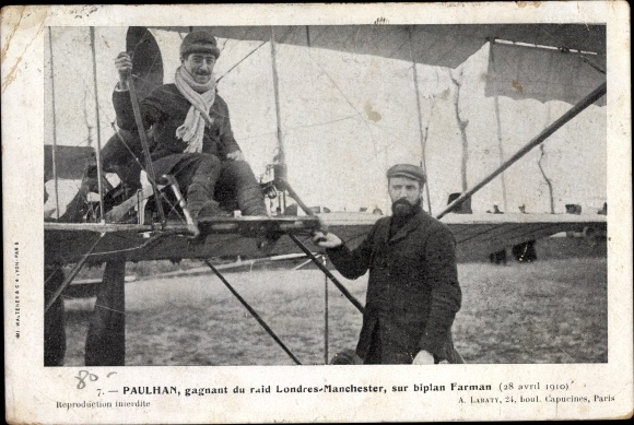 Postcard aviation pioneer Paulhan, winner of the London Manchester air race in 1910, Farman biplane aircraft