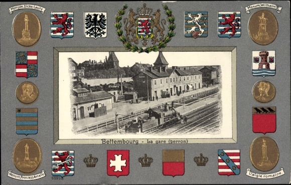 Prege Coat of Arms Postcard Bettemburg Luxemburg, La gare, Bahnhof, steam locomotive, monuments