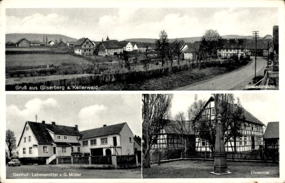 Ak Gilserberg in Hessen, algemeen beeld, gedenkteken, herberg
