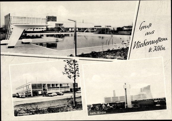 Postcard Niederaussem Bergheim in the Rhine Erft district, swimming pool, junior high school, cath. Church