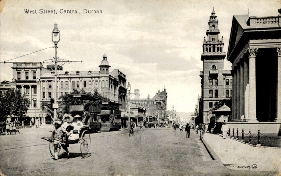 KP Durban Republika Południowej Afryki, West Street Central, kierowca rikszy, tramwaje w kierunku Beach i Point