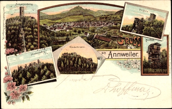 Chromo-Litho Annweiler am Trifels Palatinate, Trifels, Anebos, castle ruins of Scharfenberg, general view