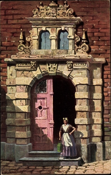 Artist PC Gerstenhauser, JG, woman in Dutch costume at a front door