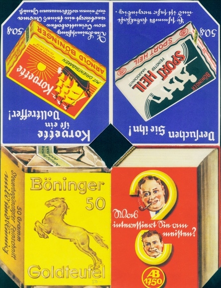 Folding PC advertising, Böninger tobaccos, badges navy, army and air force