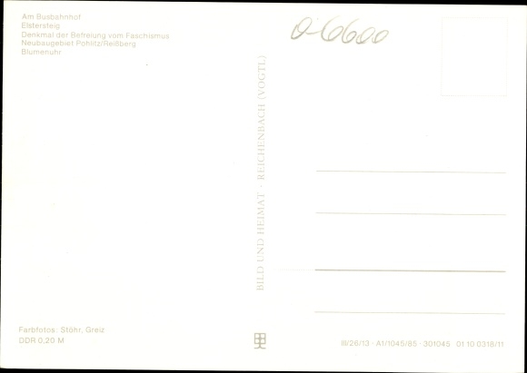 Ak Greiz im Vogtland, busstation, Elstersteg, monument, bloemenklok, ontwikkelingsgebied Pohlitz Reißberg