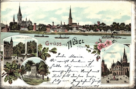 Litho Wesel am Niederrhein, Kaiserplatz, Kaiserhof, Denkmal, Großer Markt