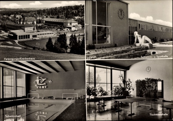Postcard Bad Tölz in Upper Bavaria, supply hospital, swimming and sports hall, table tennis hall