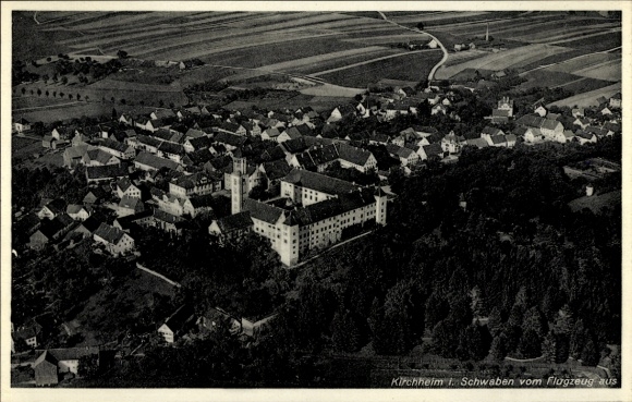 Postcard Kirchheim in Schwaben Allgäu, aerial view of Kirchheim, many houses, agricultural fields