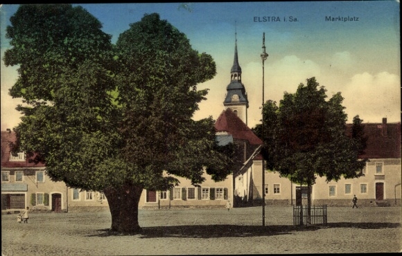 PC Elstra in Upper Lusatia, Saxony, market square, buildings, trees, clock tower, historical PC
