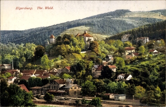 Postcard Elgersburg in Thuringia, atmospheric landscape, hills, church, houses, forest