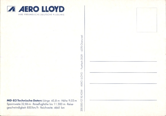 Postcard German passenger aircraft, Aero Lloyd, McDonnell Douglas MD 83