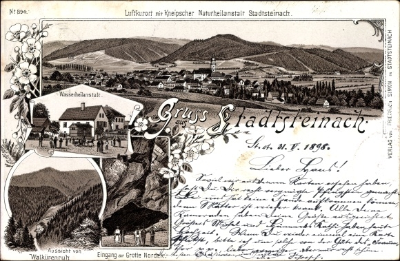 Chromo-Litho Stadtsteinach Oberfranken, hydropathic institution, view from Walkürenruh