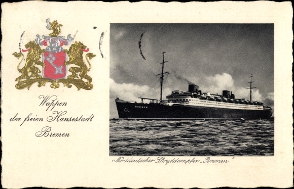 Embossed Coat of Arms PC Hanseatic City of Bremen, Steamship Bremen, North German Lloyd