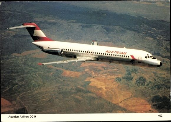 Postcard Austrian Airlines DC 9, Austrian passenger plane