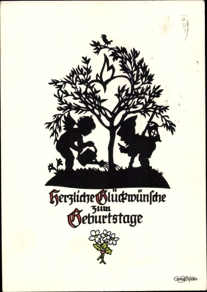 Ak Herzliche Glückwünsche zum Geburtstag, Zwerge und Engeln mit einem Baum