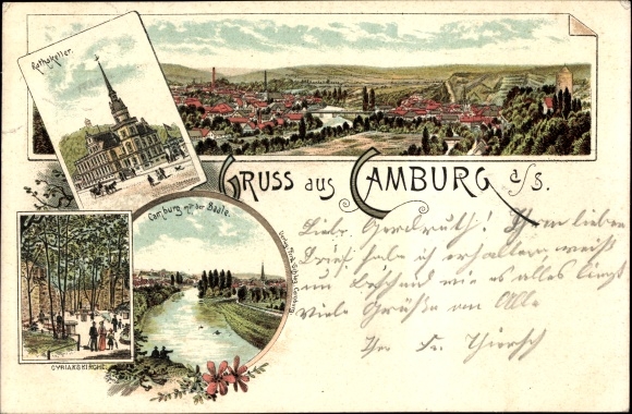 Litho Camburg an der Saale Thüringen, Rathskeller, Cyriakskirche, Panorama