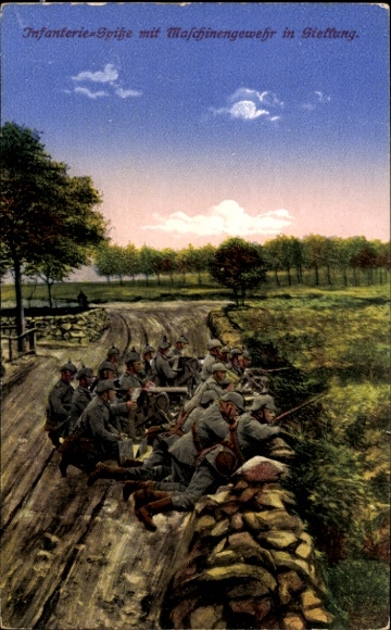 Postcard infantry spearhead with machine gun in position