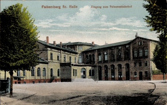 Postcard Falkenberg an der Elster, train station, entrance