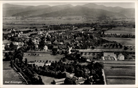 Postcard Bad Krozingen in the Breisgau Black Forest, aerial view of surrounding mountains, green fields