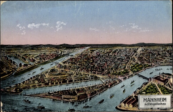 Postcard Mannheim in Baden, aerial view of the Rhine, ships, city view, old