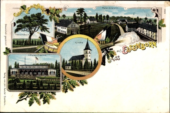 Postcard Elsenborn Bütgenbach Wallonia Liège, military training area, officer casino, church