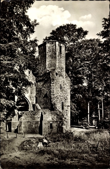 Postcard Langensteinbach Karlsbad in Baden, ruins of St. Barbara Chapel, forest, stone tower