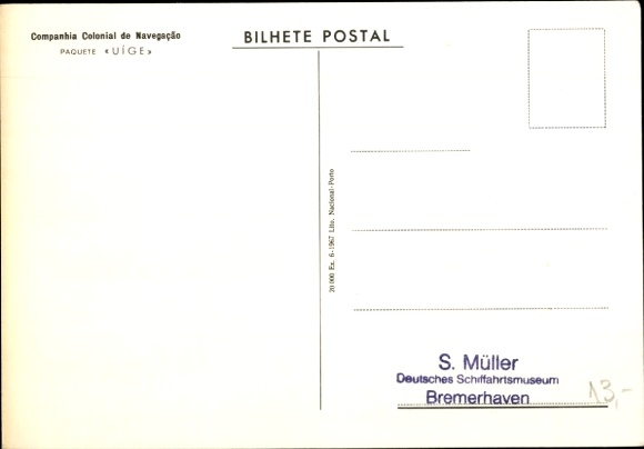 Kunstenaar Ak Ellis, G., Dampfer Uige, Companhia Colonial de Navegação CCN