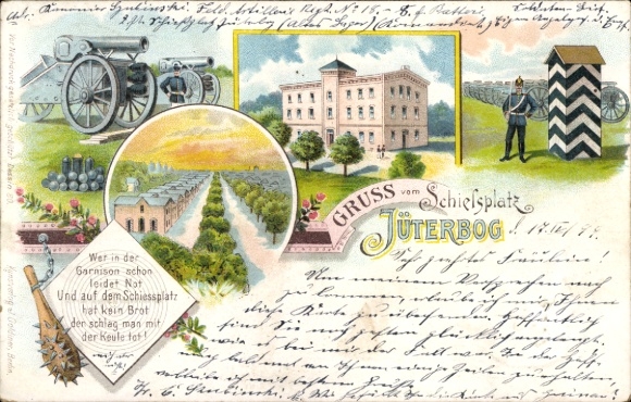 Litho Jüterbog in Brandenburg, Schießplatz, Garnison, Kanonen, Wachhäuschen