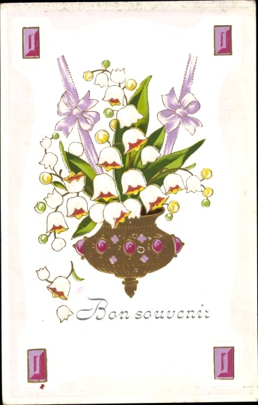 Art Nouveau embossed PC lilies of the valley, flower basket