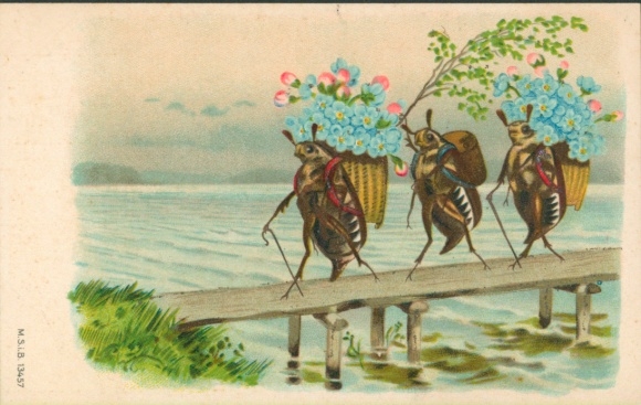 Chromo-Litho May beetles carrying baskets with flowers, bridge