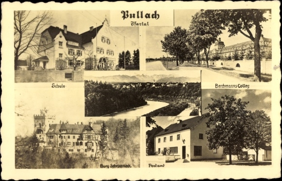Postcard Pullach im Isartal Oberbayern, school, post office, Berchmanns-Colleg, castle