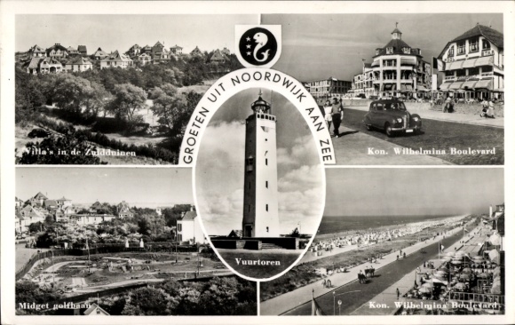 Postcard Noordwijk aan Zee South Holland, lighthouse, Wilhelmina Boulevard, mini golf course