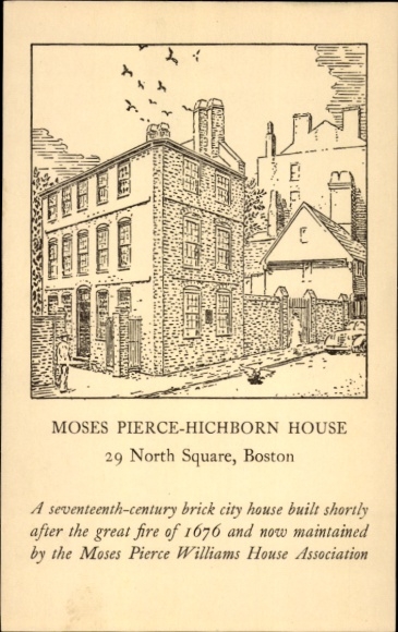 Postkaart Boston Massachusetts USA, Moses Pierce-Hichborn House, 29 North Square, huistekening