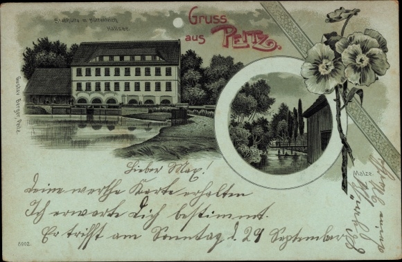 Maanlichtlitho Peitz in Neder-Lausitz, stokhut, hutvijver, Hallsee, mouten