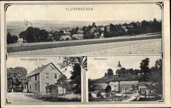 Postcard Fluterschen in the Westerwald, panorama, inn Sinner, Almersbach, church
