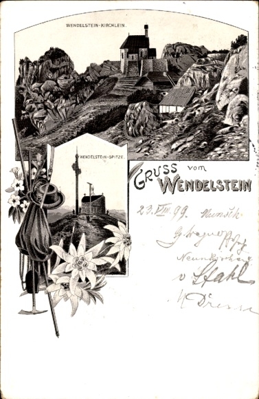 Chromo-Litho Bayrischzell in the Mangfall Mountains Upper Bavaria, Wendelstein, little church, Wendelsteinspitze