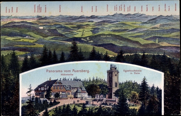 Postcard Wildenthal Eibenstock in the Ore Mountains, panorama from the Auersberg, accommodation house, Riesenberg