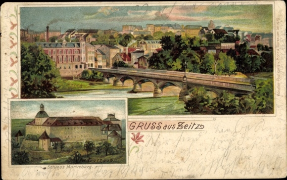 Künstler Litho Dutzauer, M., Zeitz an der Weißen Elster, Schloss Moritzburg, Totale, Brücke