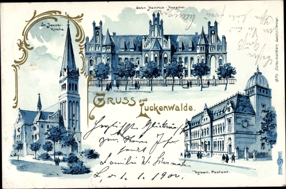 Chromo-Litho Luckenwalde in Brandenburg, St. Jakobi Church, Gebr. Heinrich Hospital, post office