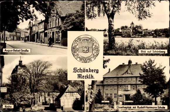 Coat of arms PC Schönberg in Mecklenburg, August Bebel Street, church, Rudolf Hartmann School, Goetheplatz