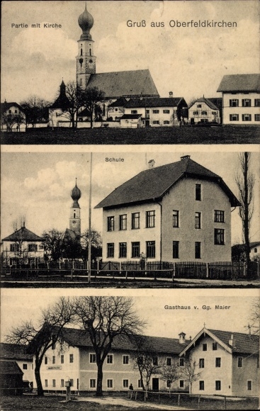 Ak Oberfeldkirchen Trostberg in Oberbayern, Schule, Kirche, Gasthaus