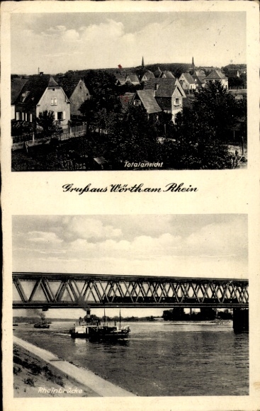 Ak Wörth am Rhein, Gesamtansicht, Rheinbrücke