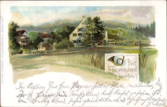 Artist Chromo-Litho Ebenhausen Schäftlarn in the district of Munich, view of the village, post office