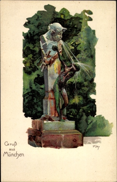 Kunstenaar litho Kley, Heinrich, München Beieren, uitzicht op de Satyrsfontein