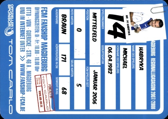 Handtekeningkaart voetballer Michael Habryka, 1. FC Magdeburg, handtekening