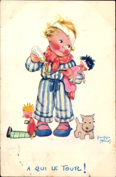 Artist Postcard Mallet, Beatrice, child with dolls, dog, cough syrup,Comite National de l'Enfance