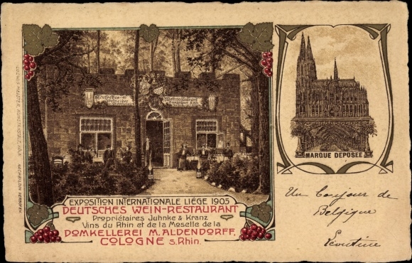 Chromo-Litho Cologne on the Rhine, Cathedral, Exposition Internationale Liege 1905, wine restaurant Juhnke and Kranz