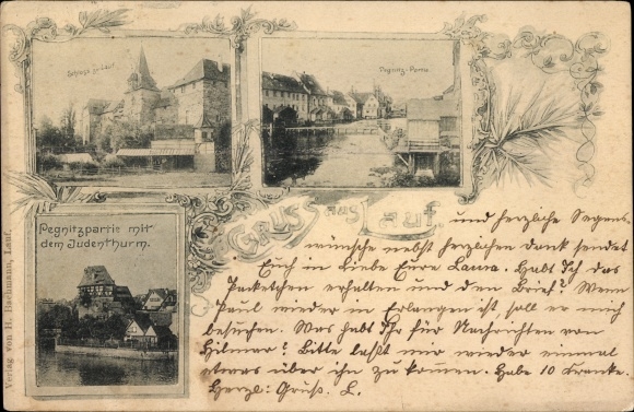 Ak Lauf an der Pegnitz in Mittelfranken Bayern, Judenturm, Schloss, Pegnitzpartie