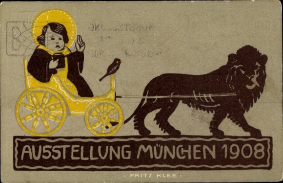 Artist Postcard Klee, Fritz, Munich Bavaria, Exhibition 1908, Lion pulling carriage with child