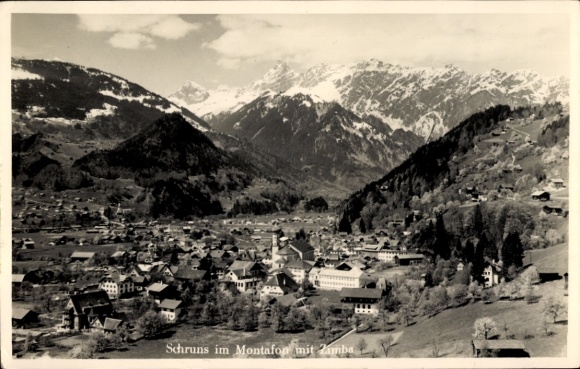 Postcard Schruns in Vorarlberg, Schruns in Montafon, Zimba, mountains, village view, black and white